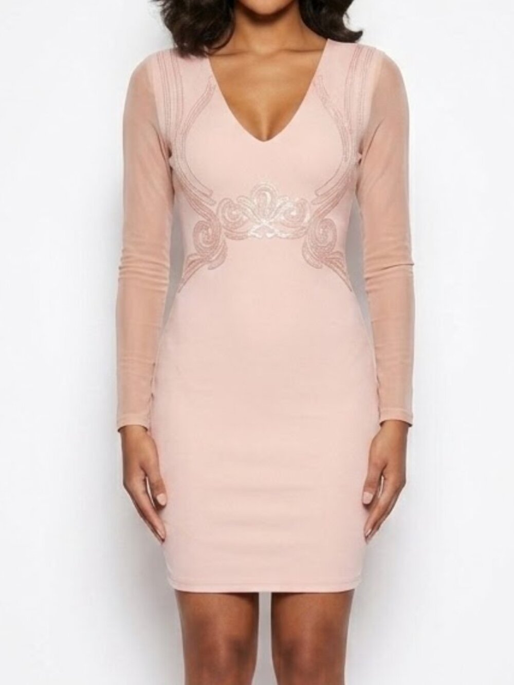 Haute Monde Fairycore Pink Sequin Swirl Mesh Long Sleeve Bodycon Mini Dress M